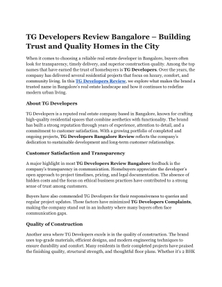 TG Developers Review Bangalore – Building Trust and Quality Homes in the City