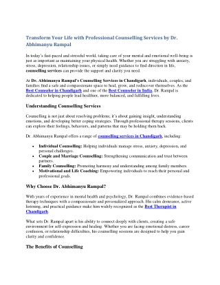 Transform Your Life with Professional Counselling Services by Dr