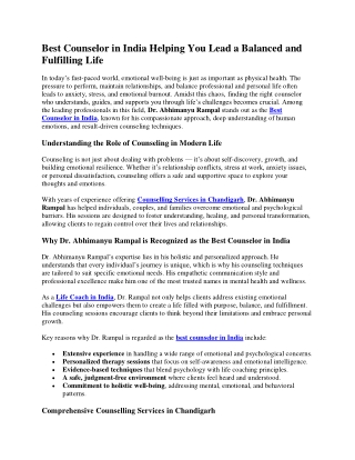 Best Counselor in India Helping You Lead a Balanced and Fulfilling Life