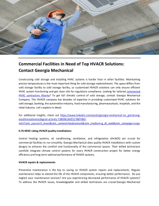 Commercial Facilities in Need of Top HVACR Solutions Contact Georgia Mechanical