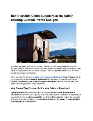 Best Portable Cabin Suppliers in Rajasthan  Offering Custom Prefab Designs