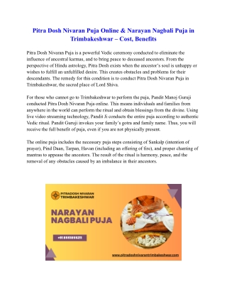 Pitra Dosh Nivaran Puja Online & Narayan Nagbali Puja in Trimbakeshwar – Cost, Benefits