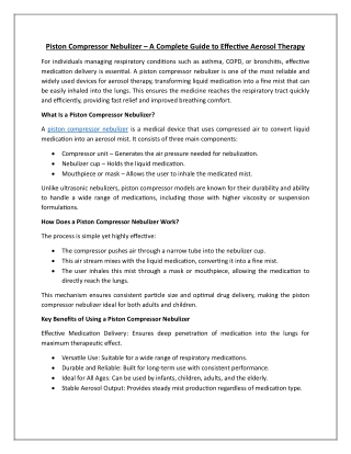 Piston Compressor Nebulizer – A Complete Guide to Effective Aerosol Therapy