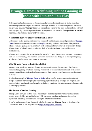 Tiranga Game: Redefining Online Gaming in India with Fun and Fair Play