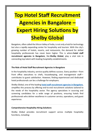 Top Hotel Staff Recruitment Agencies in Bangalore – Expert Hiring Solutions by Shelby Global
