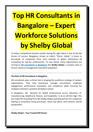 Top HR Consultants in Bangalore – Expert Workforce Solutions by Shelby Global