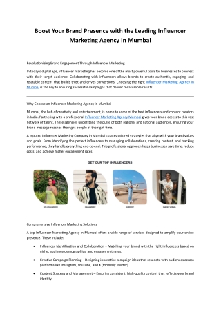 Boost Your Brand Presence with the Leading Influencer Marketing Agency in Mumbai
