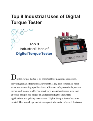 Top 8 Industrial Uses of Digital Torque Tester