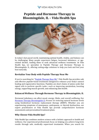 Peptide and Hormone Therapy in Bloomingdale, IL – Vida Health Spa