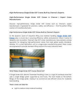 High-Performance Single Girder EOT Cranes in Chennai