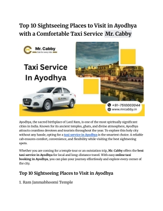 Top 10 Sightseeing Places to Visit in Ayodhya with a Comfortable Taxi Service