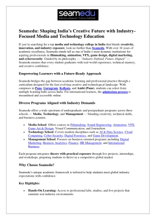 Seamedu: Shaping India’s Creative Future with Industry Focused Media and Technol