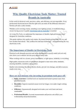 Why Quality Electrician Tools Matter Trusted Brands in Australia