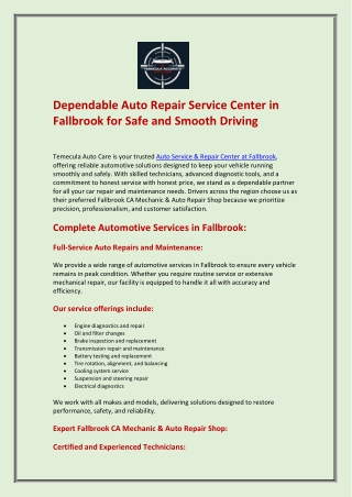 Dependable Auto Repair Service Center in Fallbrook for Safe and Smooth Driving