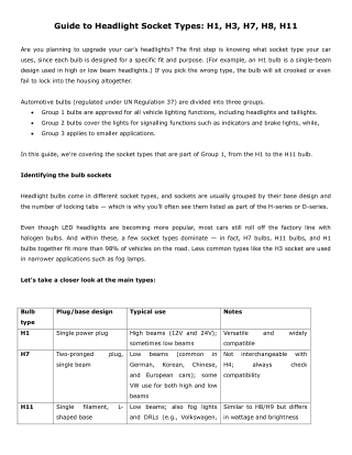 Guide to Headlight Socket Types: H1, H3, H7, H8, H11