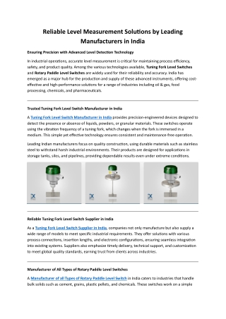 Reliable Level Measurement Solutions by Leading Manufacturers in India