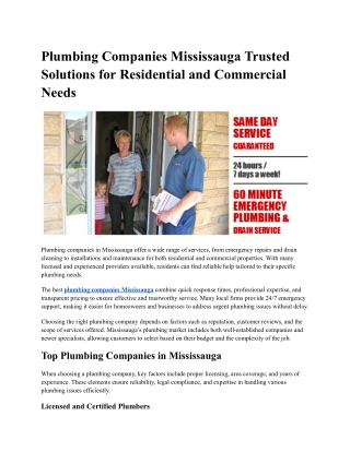 Plumbing Companies Mississauga Trusted Solutions for Residential and Commercial Needs