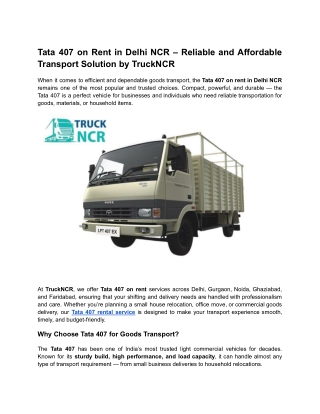 Tata 407 on Rent in Delhi NCR – Reliable and Affordable Transport Solution by TruckNCR
