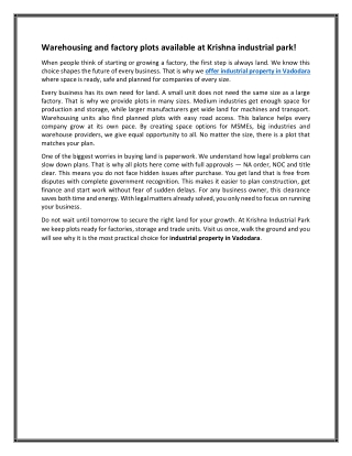 Warehousing and factory plots available at Krishna industrial park!