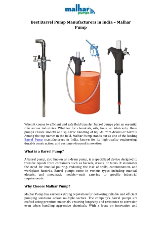 Best Barrel Pump Manufacturers in India – Malhar Pump