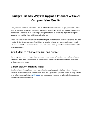 Budget-Friendly Ways to Upgrade Interiors Without Compromising Quality