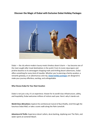 Discover the Magic of Dubai with Exclusive Dubai Holiday Packages