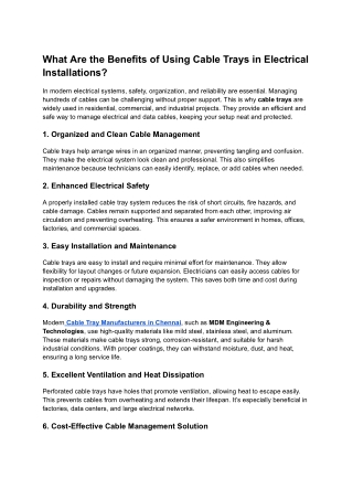 What Are the Benefits of Using Cable Trays in Electrical Installations?