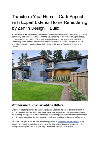 Transform Your Home’s Curb Appeal with Expert Exterior Home Remodeling by Zenith Design   Build