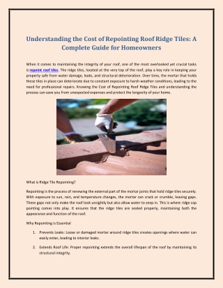 Understanding the Cost of Repointing Roof Ridge Tiles: A Complete Guide for Home