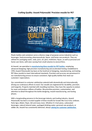Crafting Quality Awanti Polymoulds’ Precision moulds for PET