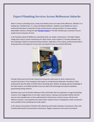Expert Plumbing Services Across Melbourne Suburbs