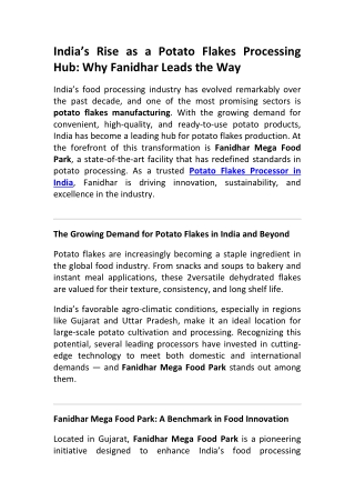Fanidhar Mega Food Park India’s Hub for Potato Flakes Processing