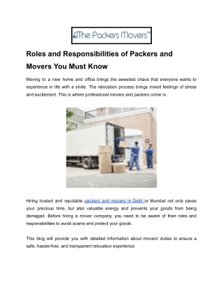 Roles and Responsibilities of Packers and Movers You Must Know