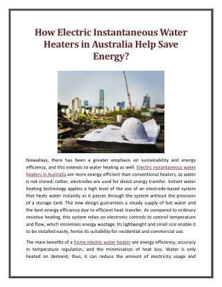 How Electric Instantaneous Water Heaters in Australia Help Save Energy
