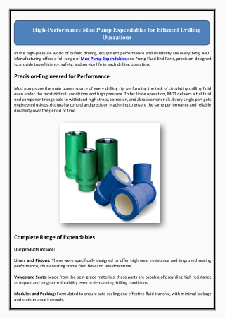 High-Performance Mud Pump Expendables for Efficient Drilling Operations