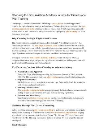 Choosing the Best Aviation Academy in India for Professional Pilot Training