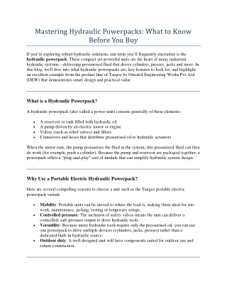 Hydraulic Powerpacks - What to Know Before You Buy