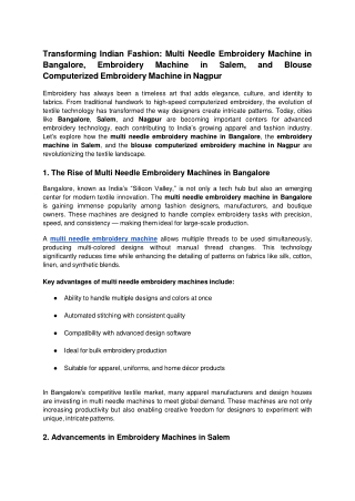 Transforming Indian Fashion: Multi Needle Embroidery Machine in Bangalore, Embro