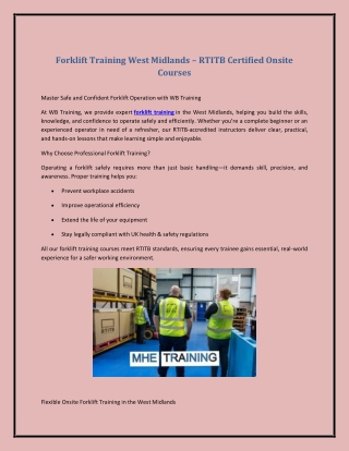 Forklift Training West Midlands – RTITB Certified Onsite Courses