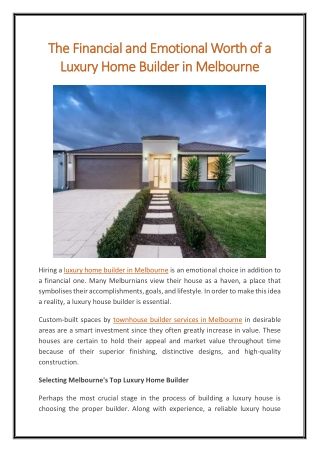 The Financial and Emotional Worth of a Luxury Home Builder in Melbourne