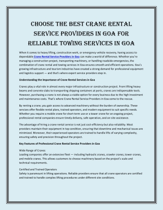 Choose the Best Crane Rental Service Providers in Goa for Reliable Towing Services in Goa
