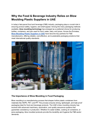 Why the Food & Beverage Industry Relies on Blow Moulding Plastic Suppliers in UAE