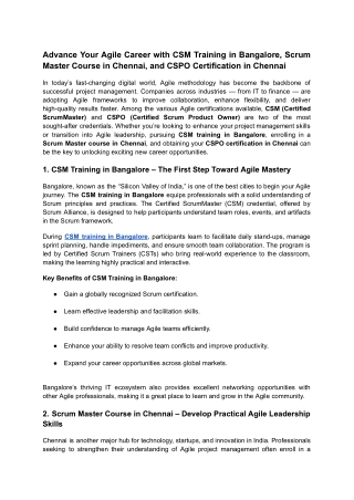 Advance Your Agile Career with CSM Training in Bangalore, Scrum Master Course