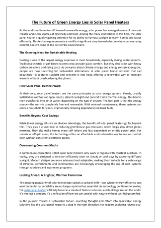 The Future of Green Energy Lies in Solar Panel Heaters