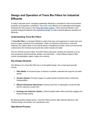 Design and Operation of Trans Bio Filters for Industrial Effluents