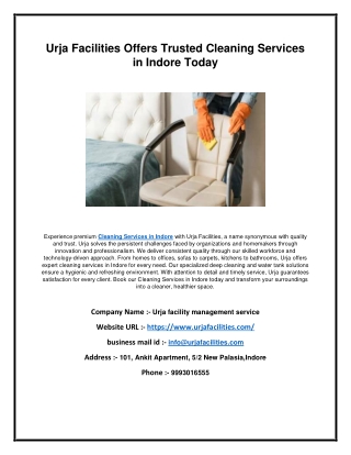 Urja Facilities Offers Trusted Cleaning Services in Indore Today