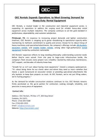 OEC Rentals Expands Operations to Meet Growing Demand for Heavy-Duty Rental Equi