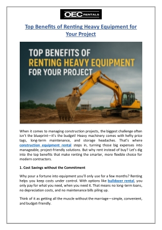 Top Benefits of Renting Heavy Equipment for Your Project