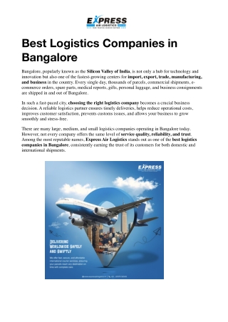 Best Logistics Companies in Bangalore