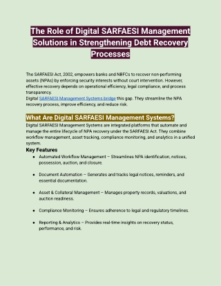 The Role of Digital SARFAESI Management Solutions in Strengthening Debt Recovery Processes